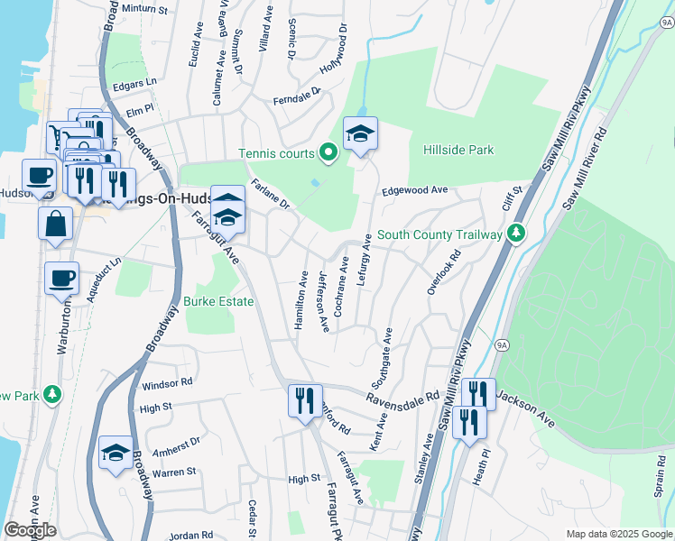 map of restaurants, bars, coffee shops, grocery stores, and more near 111 Cochrane Avenue in Hastings-on-Hudson
