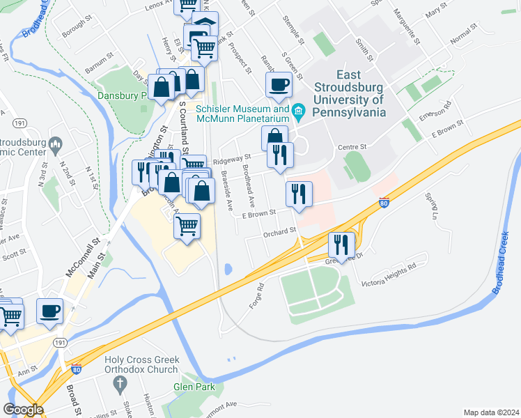 map of restaurants, bars, coffee shops, grocery stores, and more near 102 East Brown Street in East Stroudsburg