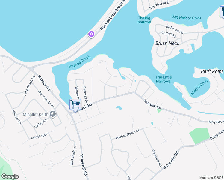 map of restaurants, bars, coffee shops, grocery stores, and more near 26 Peninsula Drive in Sag Harbor