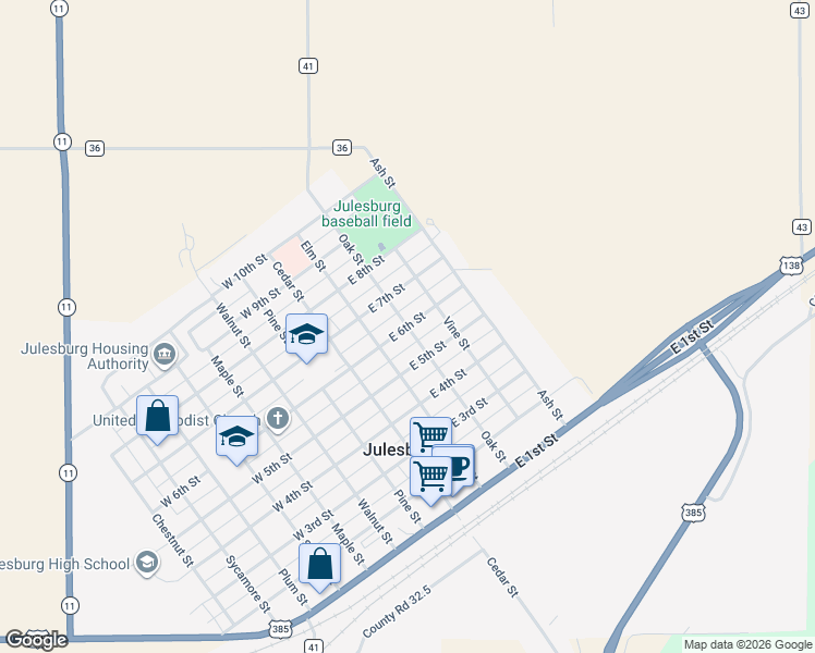 map of restaurants, bars, coffee shops, grocery stores, and more near 301 East 6th Street in Julesburg
