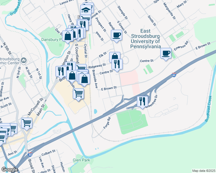 map of restaurants, bars, coffee shops, grocery stores, and more near 98 East Brown Street in East Stroudsburg
