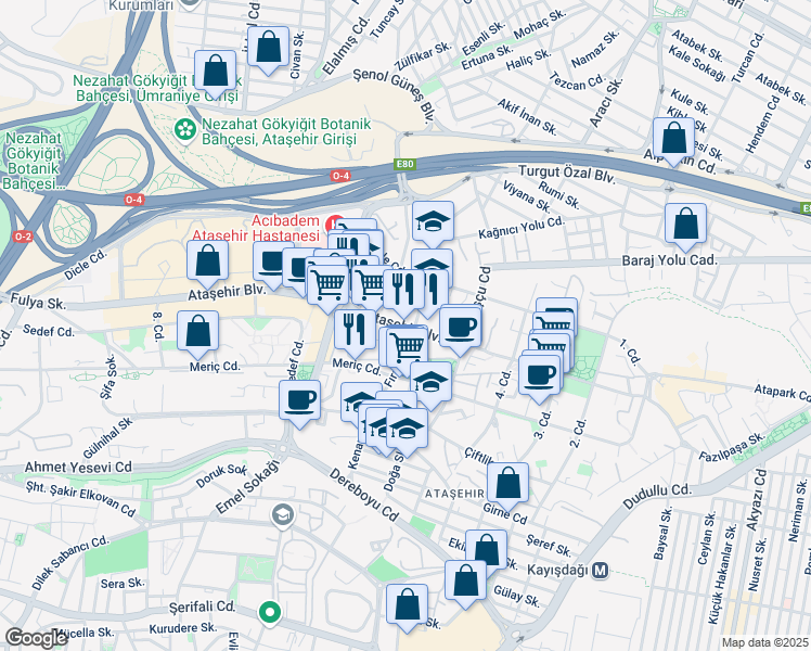 map of restaurants, bars, coffee shops, grocery stores, and more near 3 Ataşehir Bulvarı in Istanbul