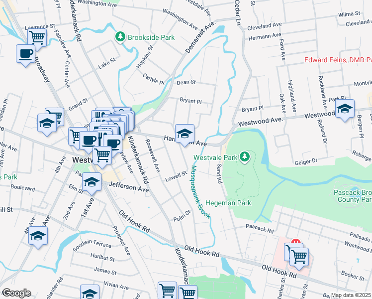 map of restaurants, bars, coffee shops, grocery stores, and more near 47 Berkeley Avenue in Westwood