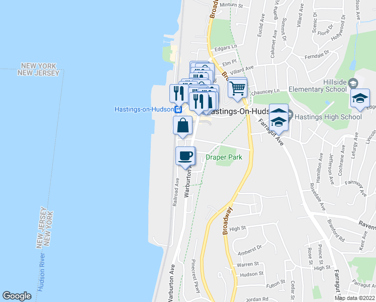 map of restaurants, bars, coffee shops, grocery stores, and more near 7 Ridge Street in Hastings-on-Hudson