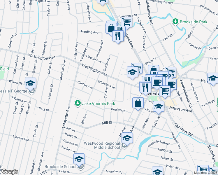 map of restaurants, bars, coffee shops, grocery stores, and more near 21 Wheeler Avenue in Westwood
