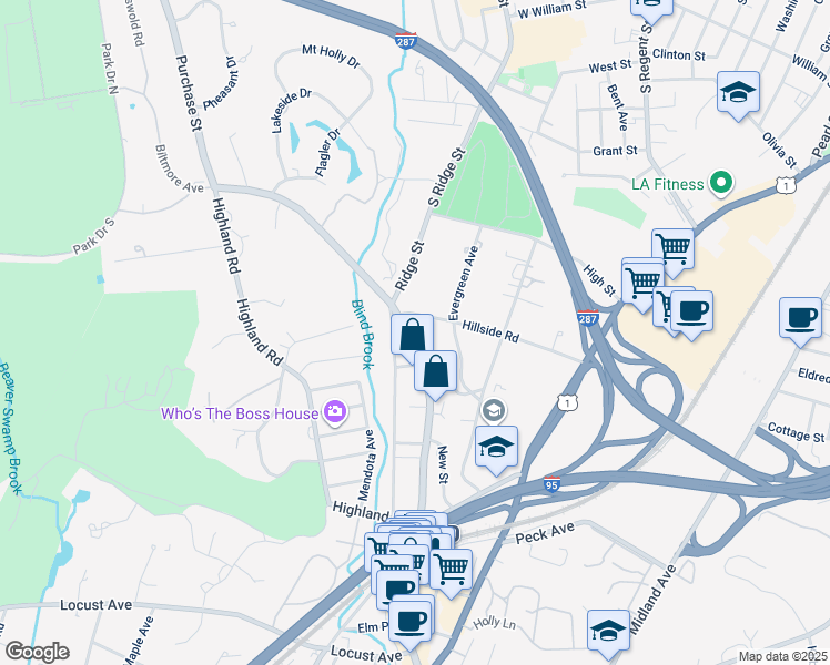 map of restaurants, bars, coffee shops, grocery stores, and more near 280 New York 120 in Rye