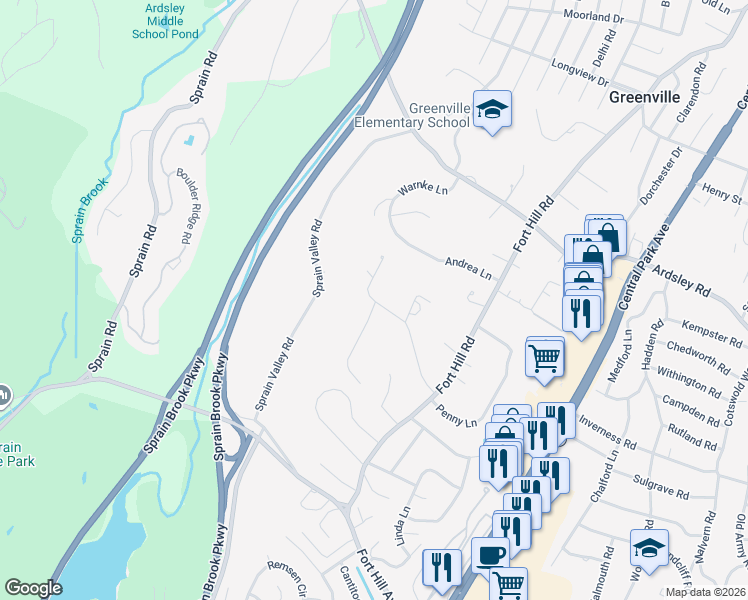 map of restaurants, bars, coffee shops, grocery stores, and more near 85 High Point Road in Scarsdale