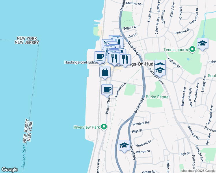 map of restaurants, bars, coffee shops, grocery stores, and more near 7 Ridge Street in Hastings-on-Hudson