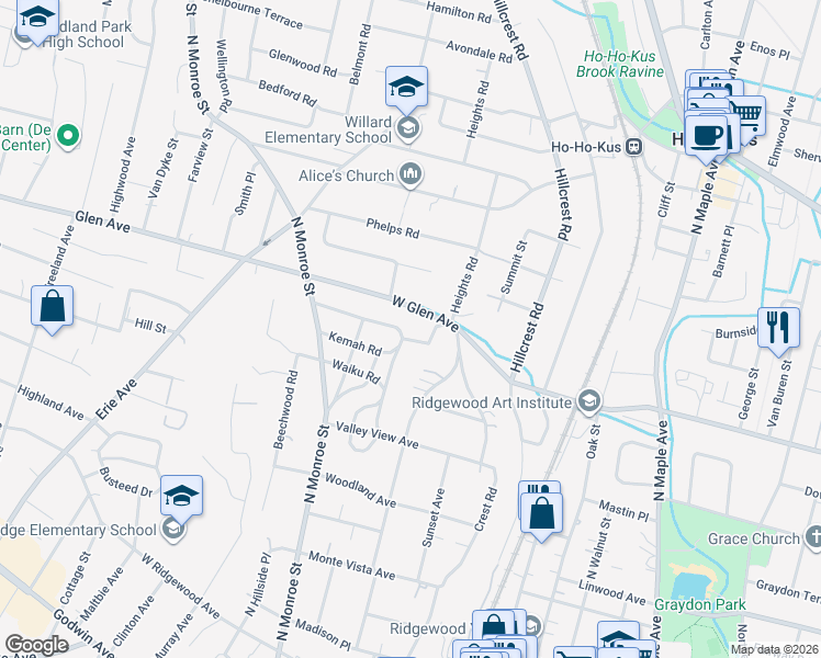 map of restaurants, bars, coffee shops, grocery stores, and more near 386 Wastena Terrace in Ridgewood