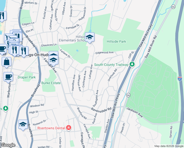 map of restaurants, bars, coffee shops, grocery stores, and more near 60 Lefurgy Avenue in Hastings-on-Hudson