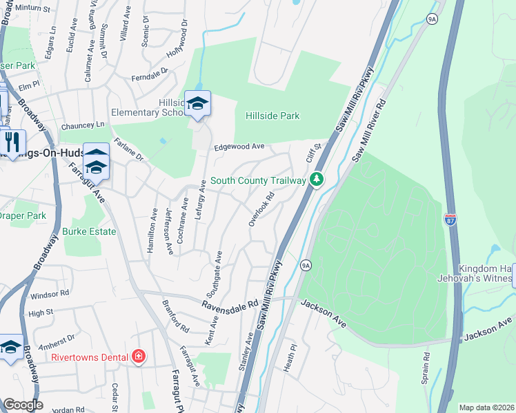 map of restaurants, bars, coffee shops, grocery stores, and more near 247 Mount Hope Boulevard in Hastings-on-Hudson