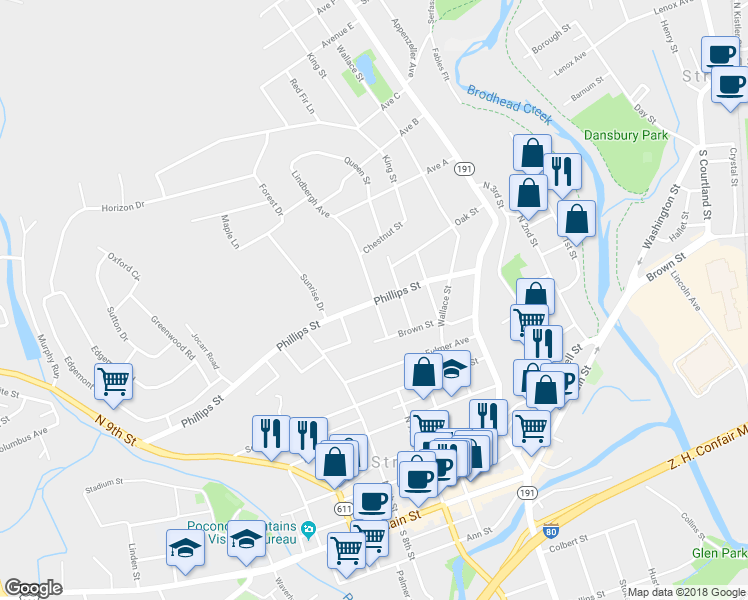 map of restaurants, bars, coffee shops, grocery stores, and more near 707 Lindbergh Avenue in Stroudsburg