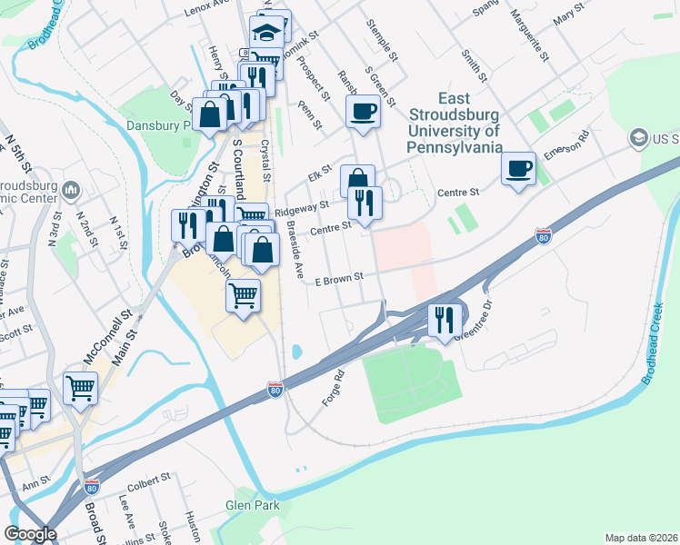 map of restaurants, bars, coffee shops, grocery stores, and more near 98 East Brown Street in East Stroudsburg