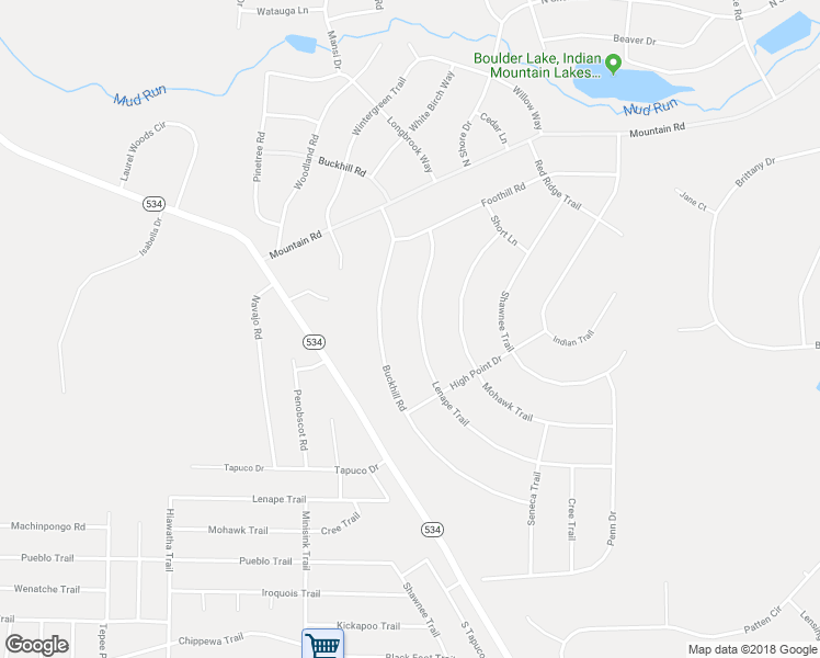 map of restaurants, bars, coffee shops, grocery stores, and more near 109 Lenape Trail in Albrightsville