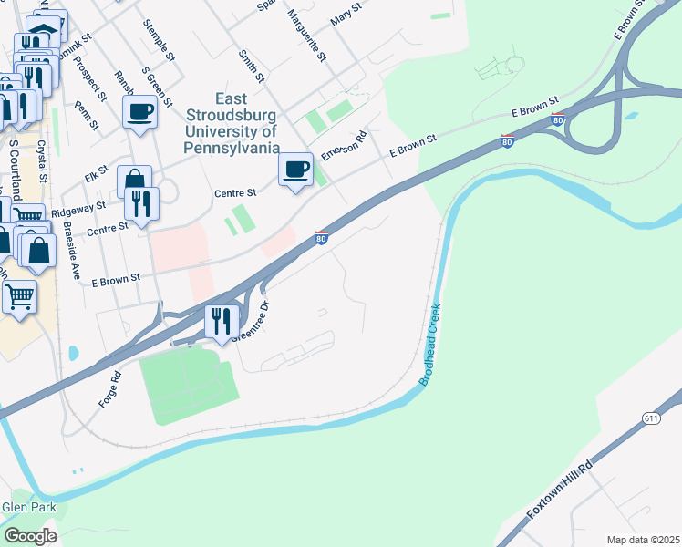 map of restaurants, bars, coffee shops, grocery stores, and more near 15 Spring Lane in East Stroudsburg
