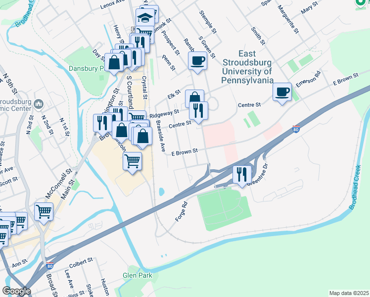 map of restaurants, bars, coffee shops, grocery stores, and more near 102 East Brown Street in East Stroudsburg