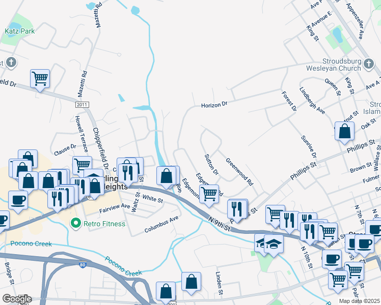 map of restaurants, bars, coffee shops, grocery stores, and more near 320 Edgemont Rd in Stroudsburg