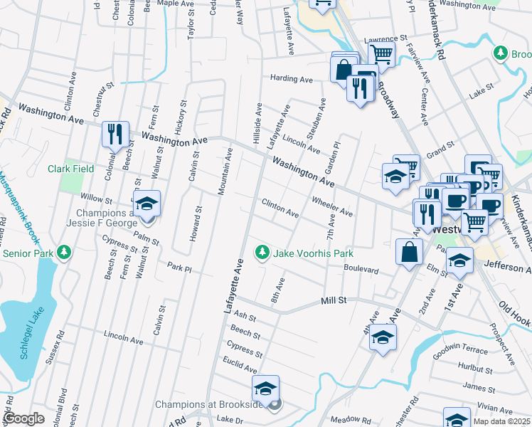 map of restaurants, bars, coffee shops, grocery stores, and more near 42 Westervelt Pl in Westwood