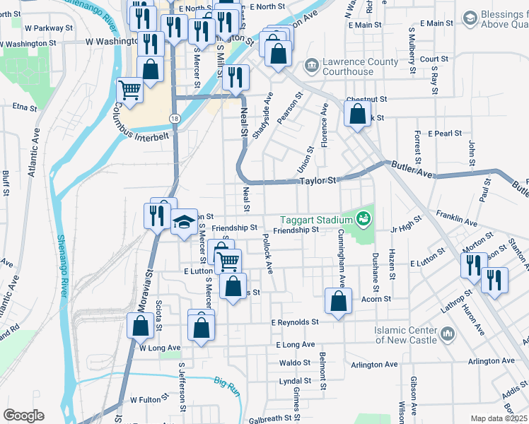 map of restaurants, bars, coffee shops, grocery stores, and more near 725 Pearson Street in New Castle