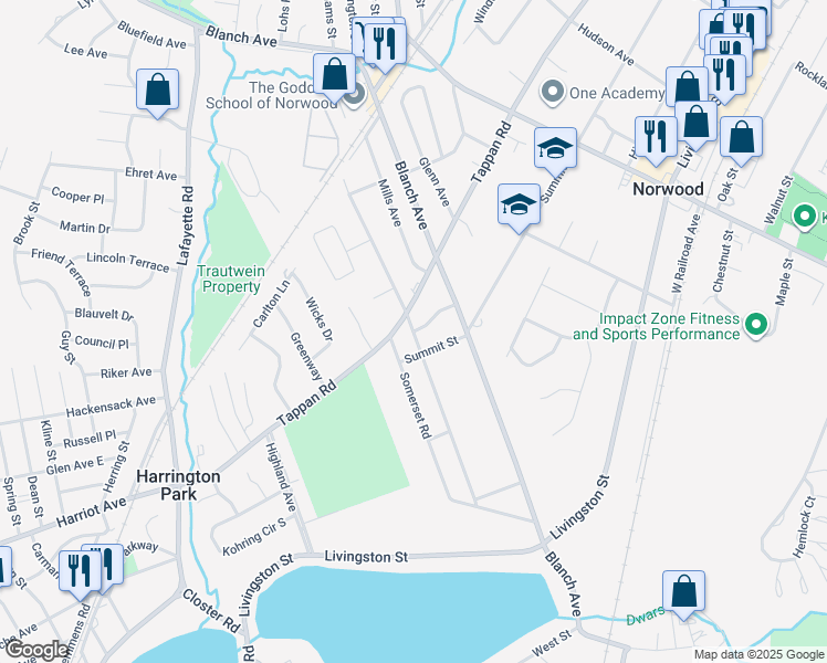 map of restaurants, bars, coffee shops, grocery stores, and more near 156 Kensington Avenue in Norwood