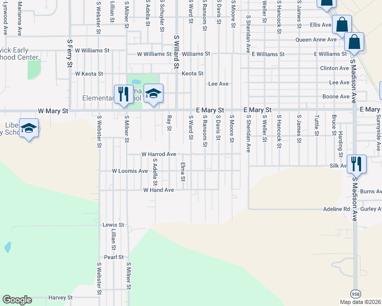 map of restaurants, bars, coffee shops, grocery stores, and more near 100 East Harrod Avenue in Ottumwa