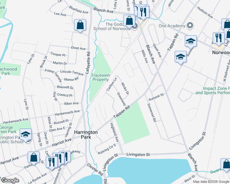 map of restaurants, bars, coffee shops, grocery stores, and more near 56 Greenway in Harrington Park