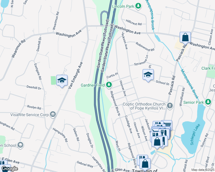 map of restaurants, bars, coffee shops, grocery stores, and more near 546 Ridgewood Boulevard North in Township of Washington