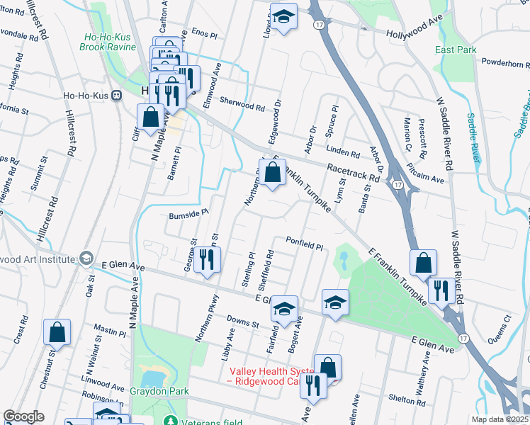 map of restaurants, bars, coffee shops, grocery stores, and more near 321 Kensington Drive in Ridgewood