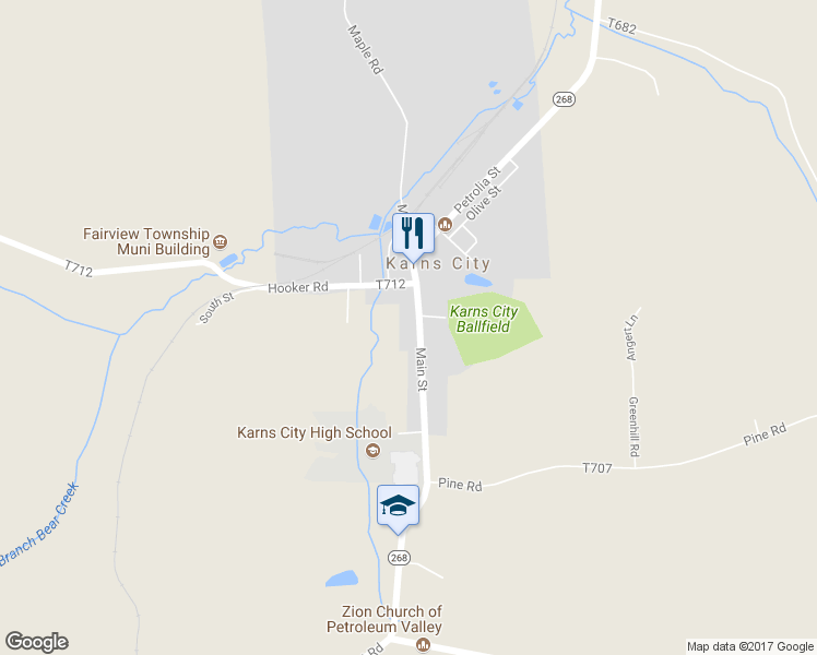 map of restaurants, bars, coffee shops, grocery stores, and more near 144 Main Street in Karns City