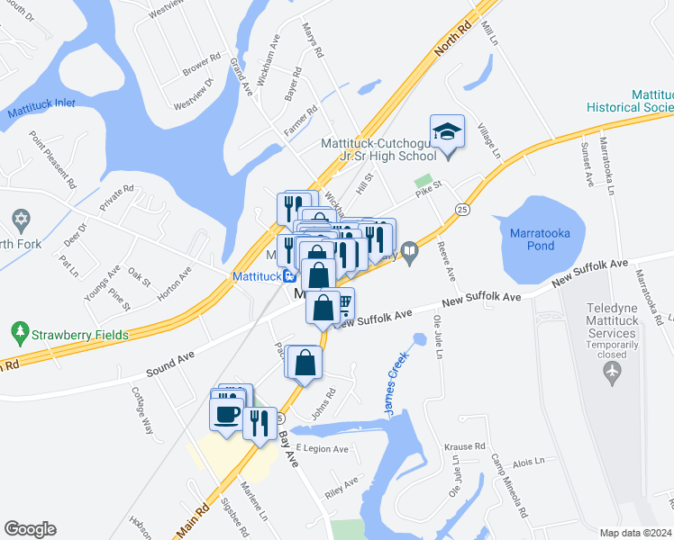 map of restaurants, bars, coffee shops, grocery stores, and more near 13105 Main Road in Mattituck