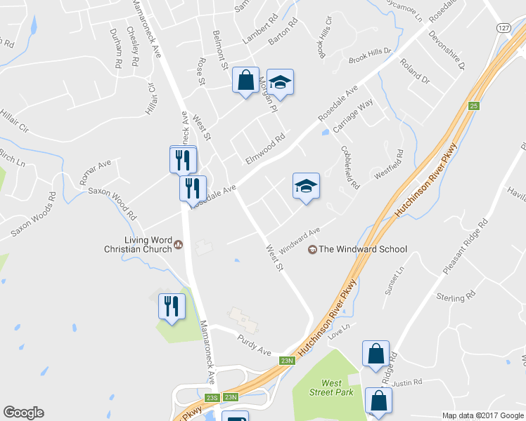 map of restaurants, bars, coffee shops, grocery stores, and more near 3 Pinewood Road in White Plains