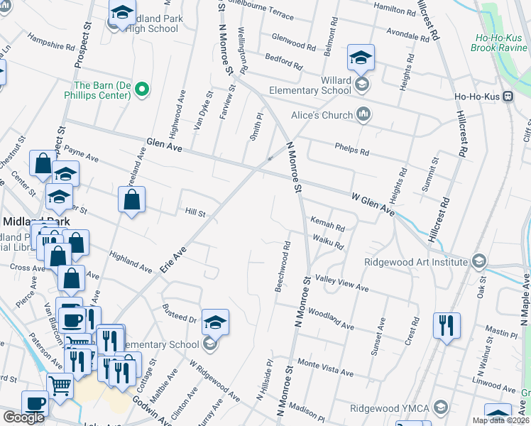 map of restaurants, bars, coffee shops, grocery stores, and more near 382 Beechwood Road in Ridgewood
