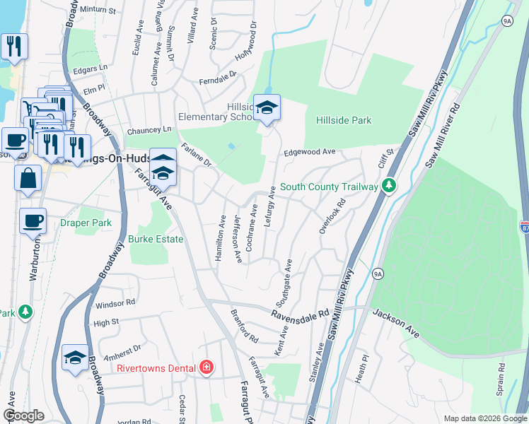 map of restaurants, bars, coffee shops, grocery stores, and more near 60 Lefurgy Avenue in Hastings-on-Hudson