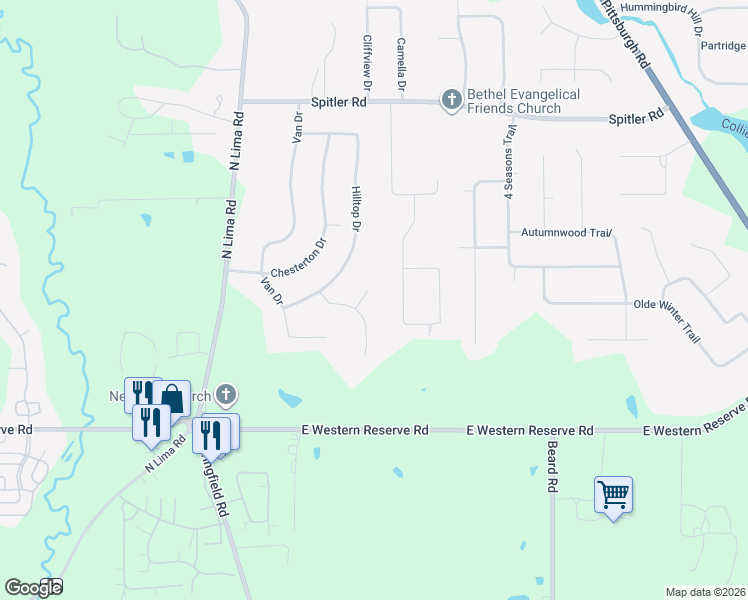 map of restaurants, bars, coffee shops, grocery stores, and more near 8685 Suncrest Court in Youngstown