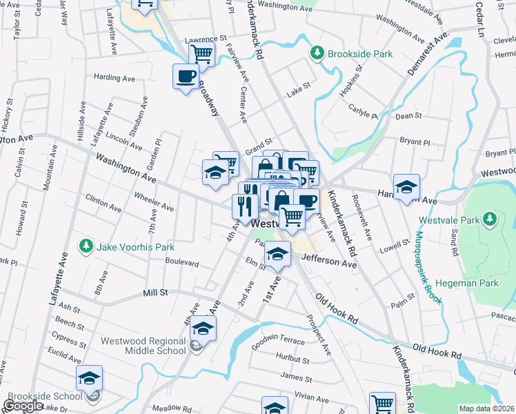 map of restaurants, bars, coffee shops, grocery stores, and more near 11 Madison Avenue in Westwood