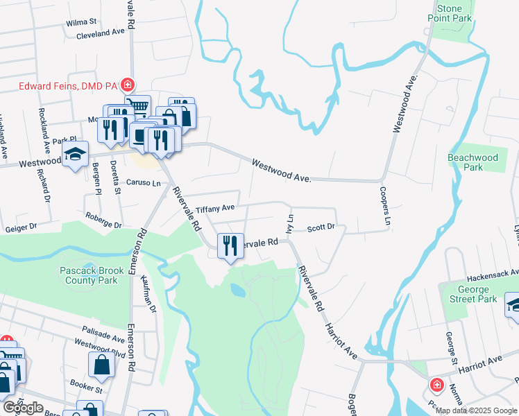 map of restaurants, bars, coffee shops, grocery stores, and more near 743 Tiffany Avenue in River Vale