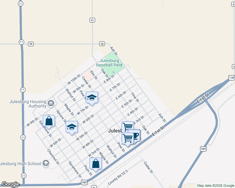 map of restaurants, bars, coffee shops, grocery stores, and more near 301 East 6th Street in Julesburg