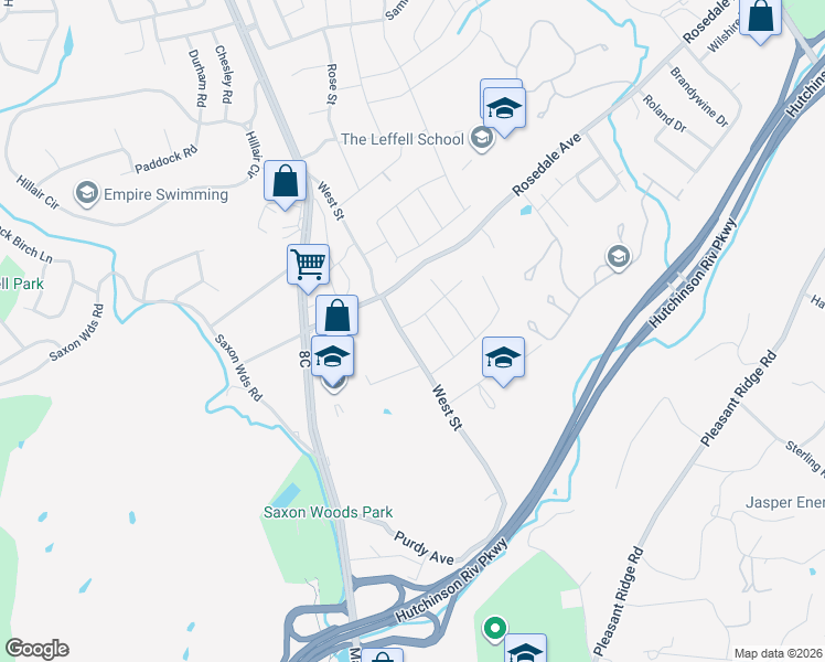 map of restaurants, bars, coffee shops, grocery stores, and more near 3 Pinewood Road in White Plains