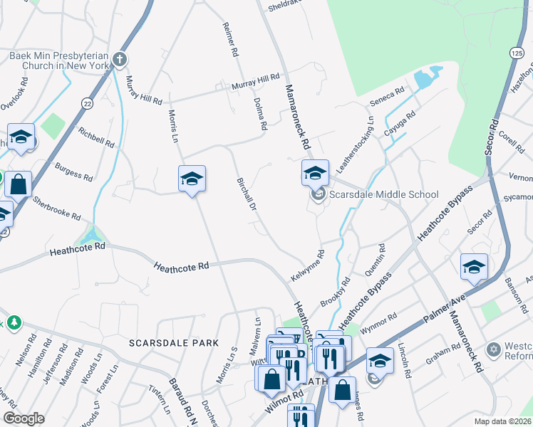 map of restaurants, bars, coffee shops, grocery stores, and more near 87 Birchall Drive in Scarsdale