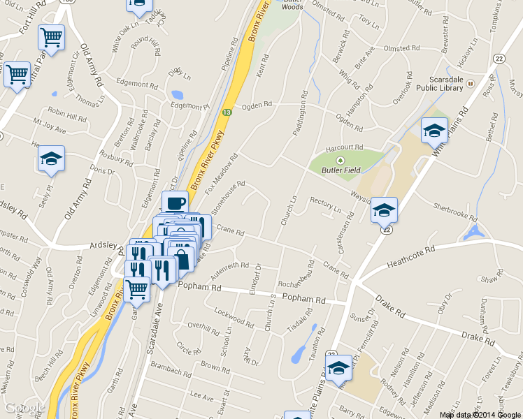 map of restaurants, bars, coffee shops, grocery stores, and more near 25 Crane Road in Scarsdale
