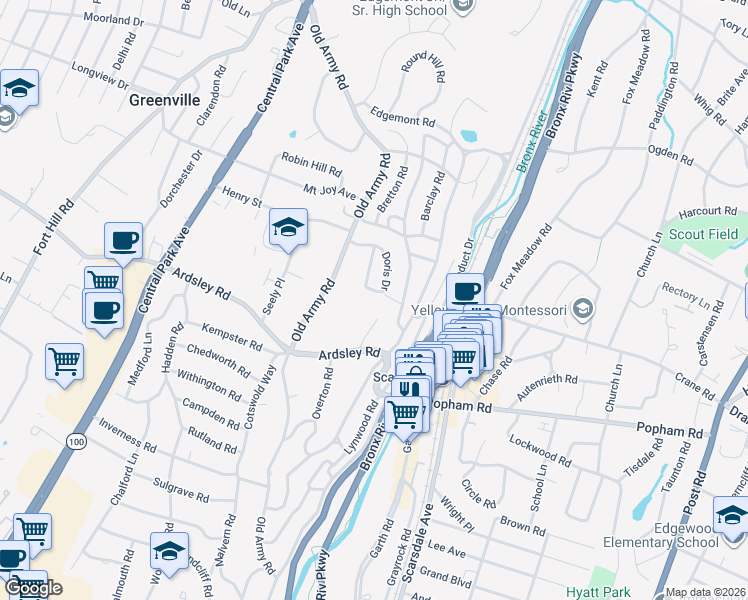 map of restaurants, bars, coffee shops, grocery stores, and more near 22 Doris Drive in Scarsdale