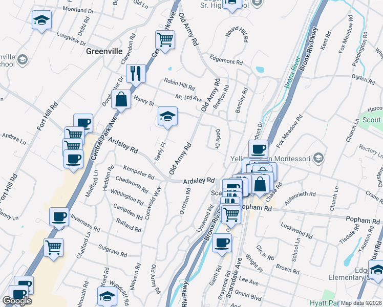 map of restaurants, bars, coffee shops, grocery stores, and more near 130 Old Army Road in Scarsdale