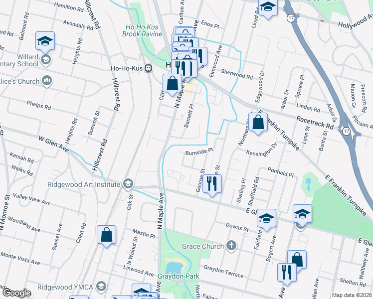 map of restaurants, bars, coffee shops, grocery stores, and more near 231 Burnside Place in Ridgewood