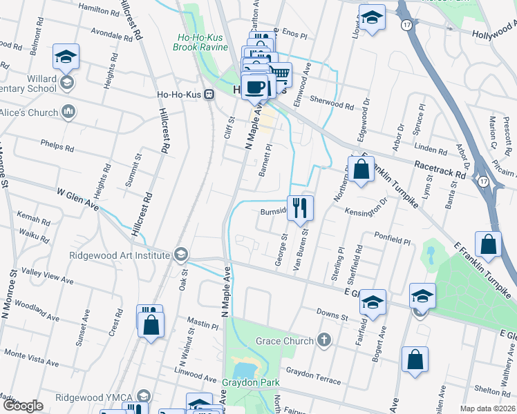 map of restaurants, bars, coffee shops, grocery stores, and more near 231 Burnside Place in Ridgewood