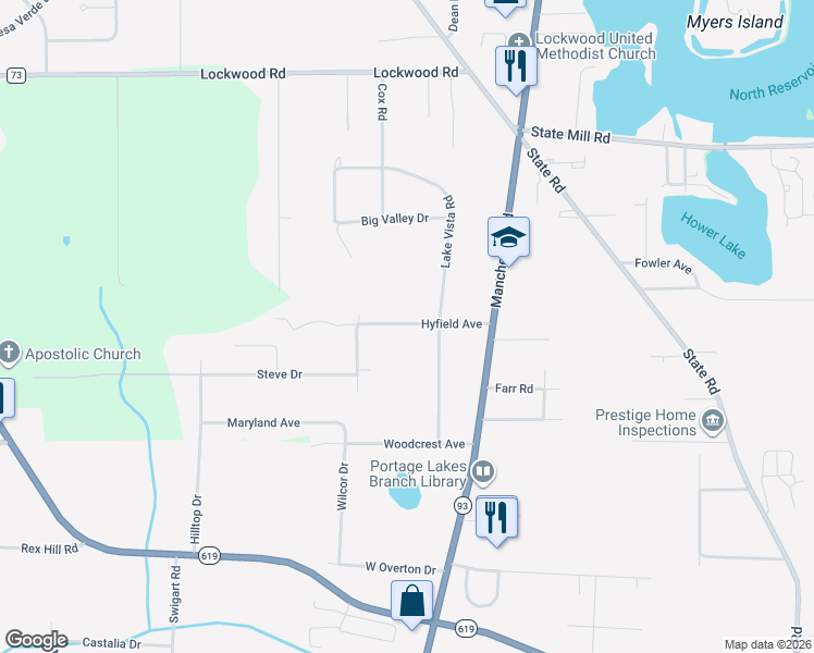 map of restaurants, bars, coffee shops, grocery stores, and more near 4096 Lake Vista Road in Akron