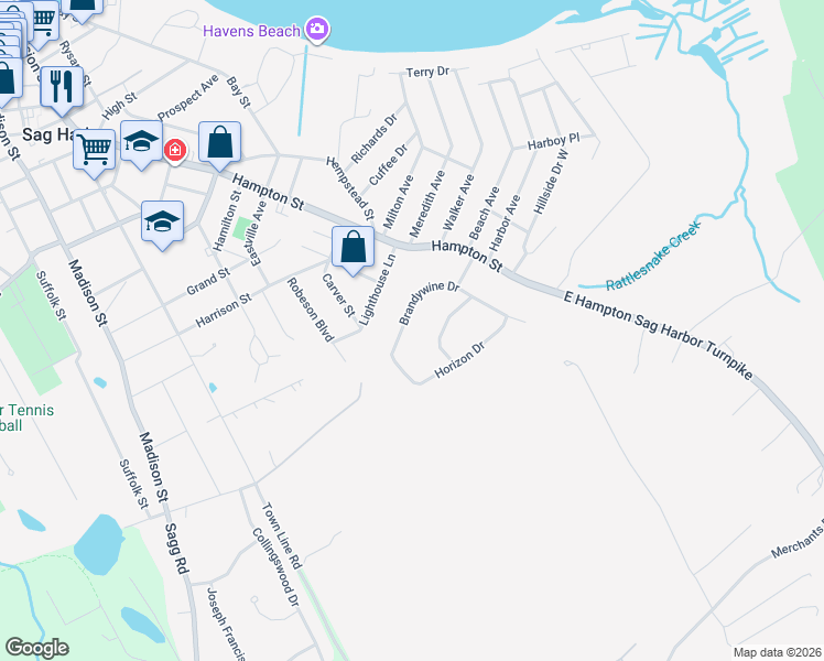 map of restaurants, bars, coffee shops, grocery stores, and more near 69 Brandywine Dr in Sag Harbor