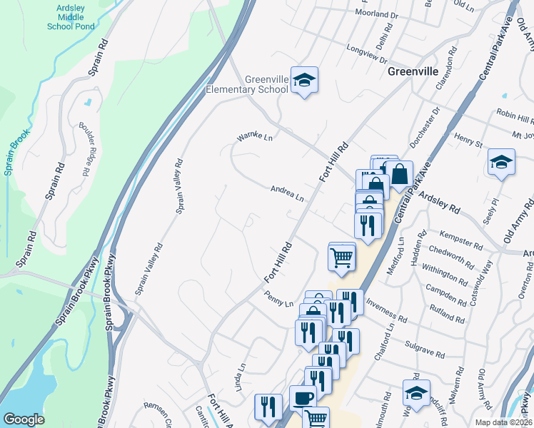 map of restaurants, bars, coffee shops, grocery stores, and more near 19 High Point Terrace in Scarsdale