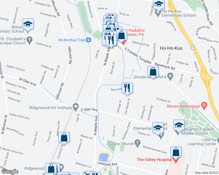 map of restaurants, bars, coffee shops, grocery stores, and more near 231 Burnside Place in Ridgewood