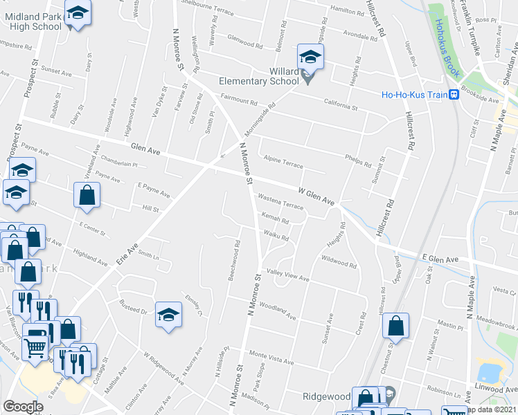 map of restaurants, bars, coffee shops, grocery stores, and more near 227 Kemah Road in Ridgewood