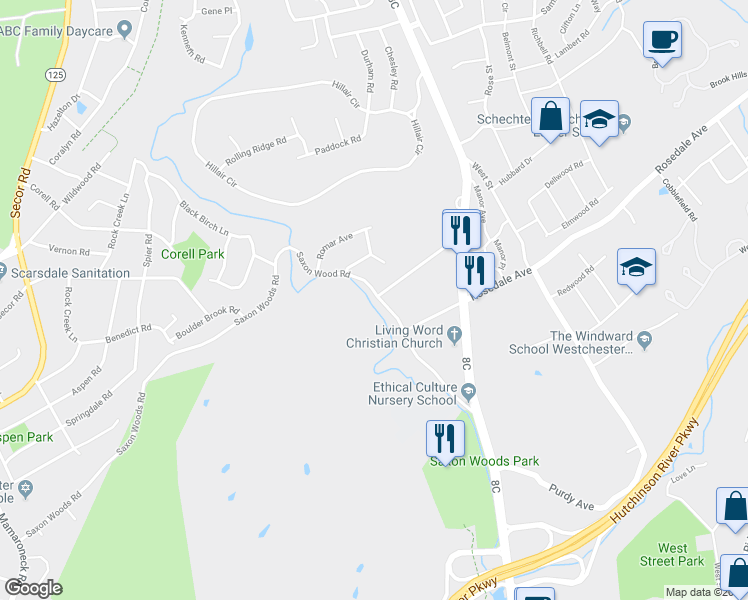 map of restaurants, bars, coffee shops, grocery stores, and more near 135 Saxon Woods Road in White Plains